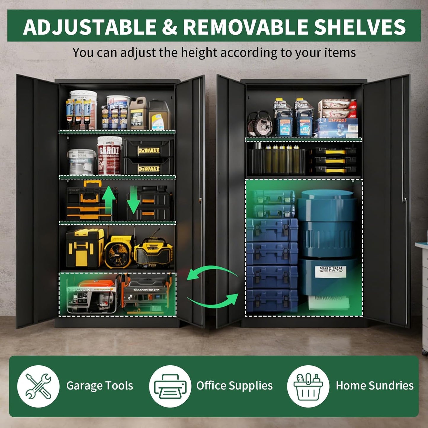 71" Metal Storage Cabinet, Lockable Garage Storage Cabinet with 2 Doors and 4 Adjustable Shelves, Tall File Cabinet with Lock, Black Steel Tool Cabinets for Office,Home,Garage,School (Black)