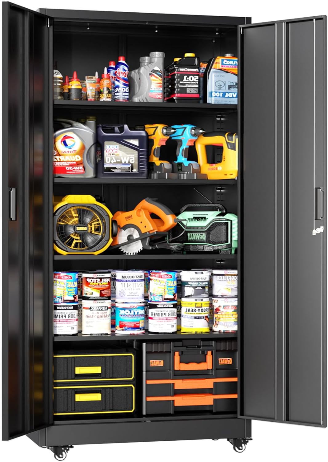 Greenvelly Metal Storage Cabinet with Lock, 72” Black Garage Storage Cabinet with Doors and Shelves, Tall Lockable File &Tool Cabinet for Home Office, Metal Classroom Cabinet Basement