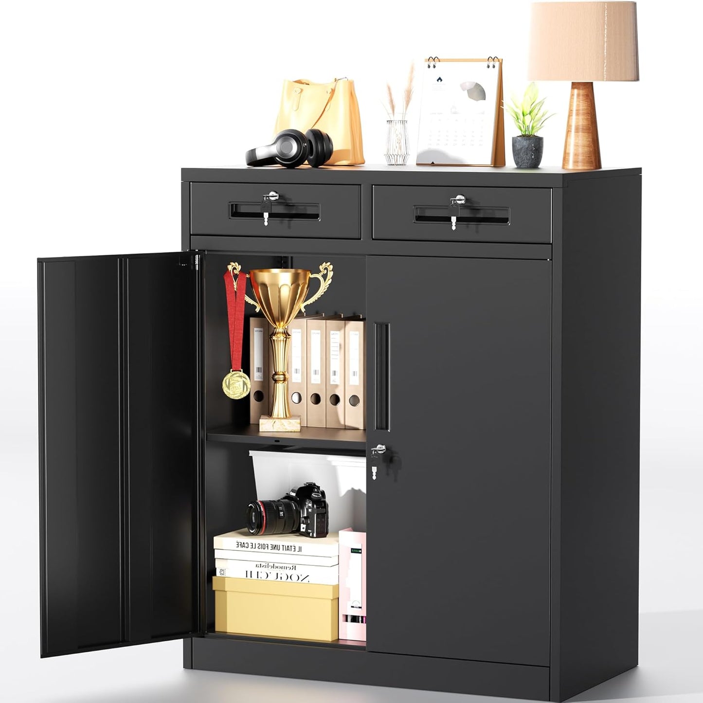 Greenvelly Metal Storage Cabinet with Lock, 72” Black Garage Storage Cabinet with Doors and Shelves, Tall Lockable File &Tool Cabinet for Home Office, Metal Classroom Cabinet Basement