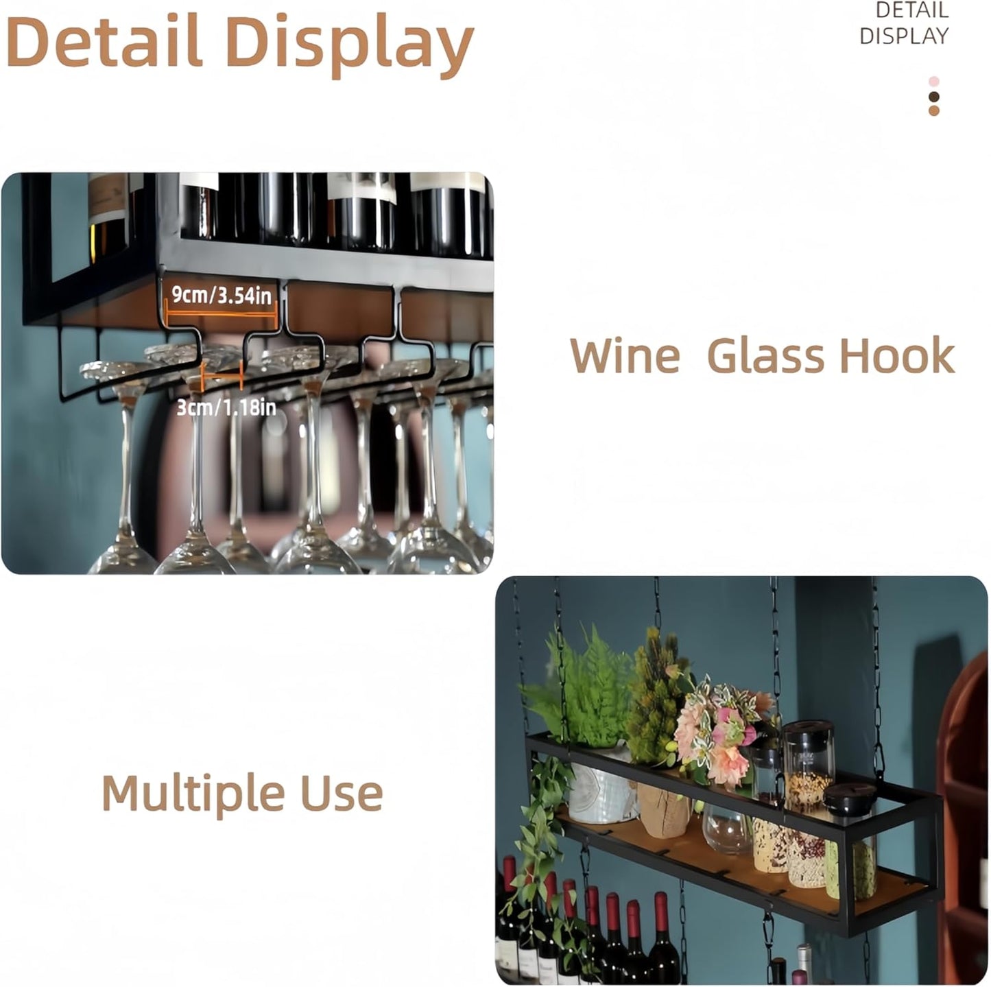 31 Inch Ceiling Wine Glass Rack, Hanging Wine Rack with Glass Holder and Shelf, Industrial Hanging Wine Bottle Holder, Black Metal Ceiling Shelf for Bar Cafe Kitchen