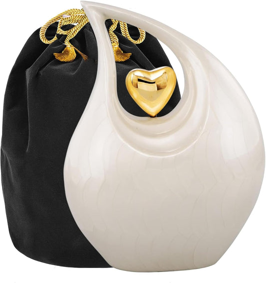 Heart of Love Cremation Urn for Human Ashes – Beautiful Memorial ERN for Adult – Decorative ERN for Loved Ones – Funeral Urn for Burial or Display (White Gold, Adult)
