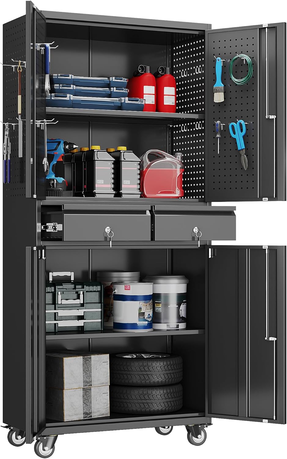 Broom Closet Storage Cabinet with Hanging Rod, 71" H Metal Garage Storage Cabinet with Wheels and 4 Adjustable Shelves, Locking Broom Closet with 13 Hooks for Garage, Bathroom, Home