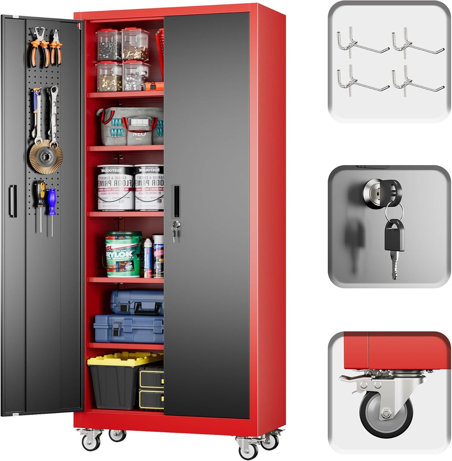 Broom Closet Storage Cabinet with Hanging Rod, 71" H Metal Garage Storage Cabinet with Wheels and 4 Adjustable Shelves, Locking Broom Closet with 13 Hooks for Garage, Bathroom, Home