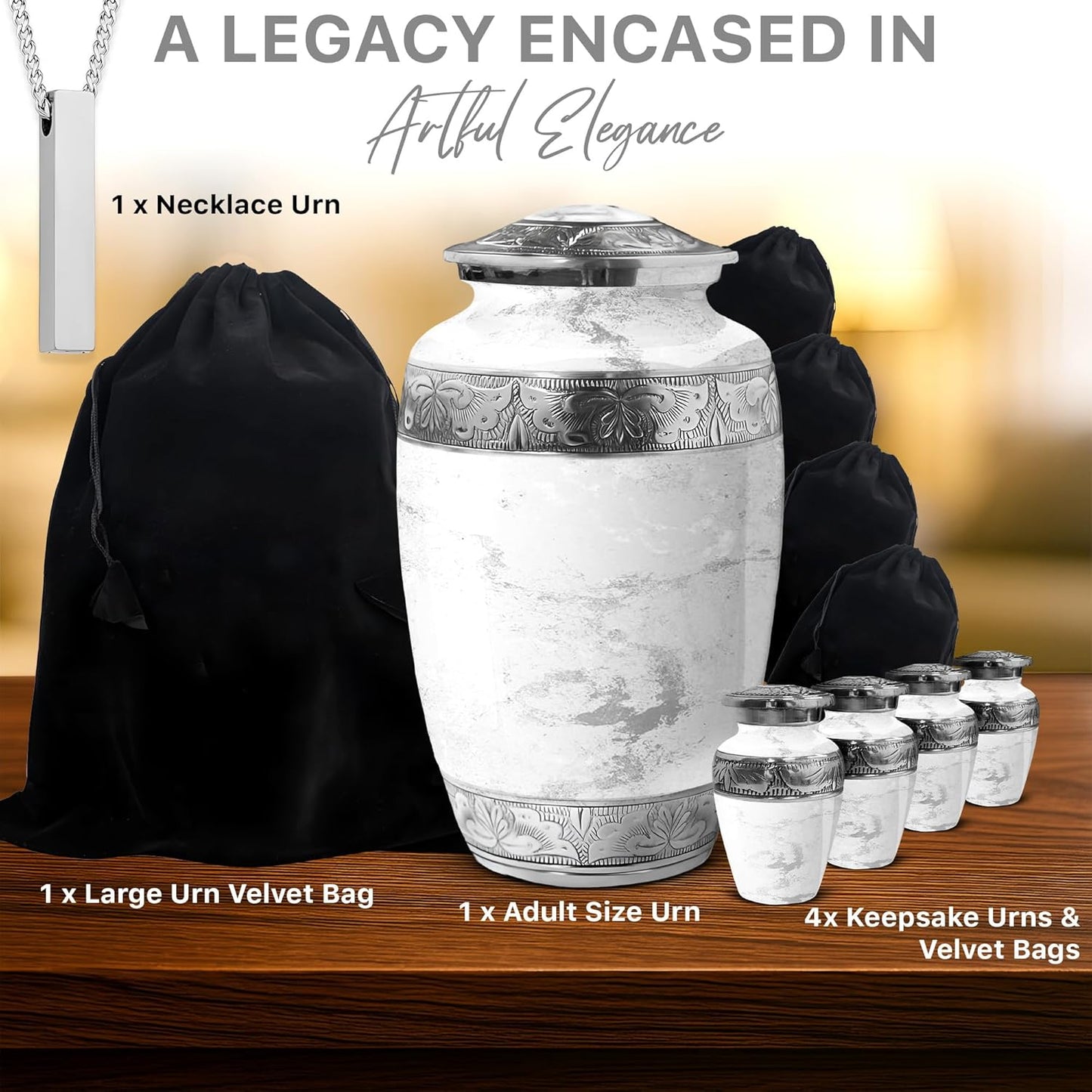 Family Tribute White Marble Cremation Urn for Ashes Set – Beautiful Large Funeral Urn for Adult (220lbs) with 4 Small Keepsake Urns & 2 Memorial Ash Necklaces to Honor Your Loved Ones with Elegance