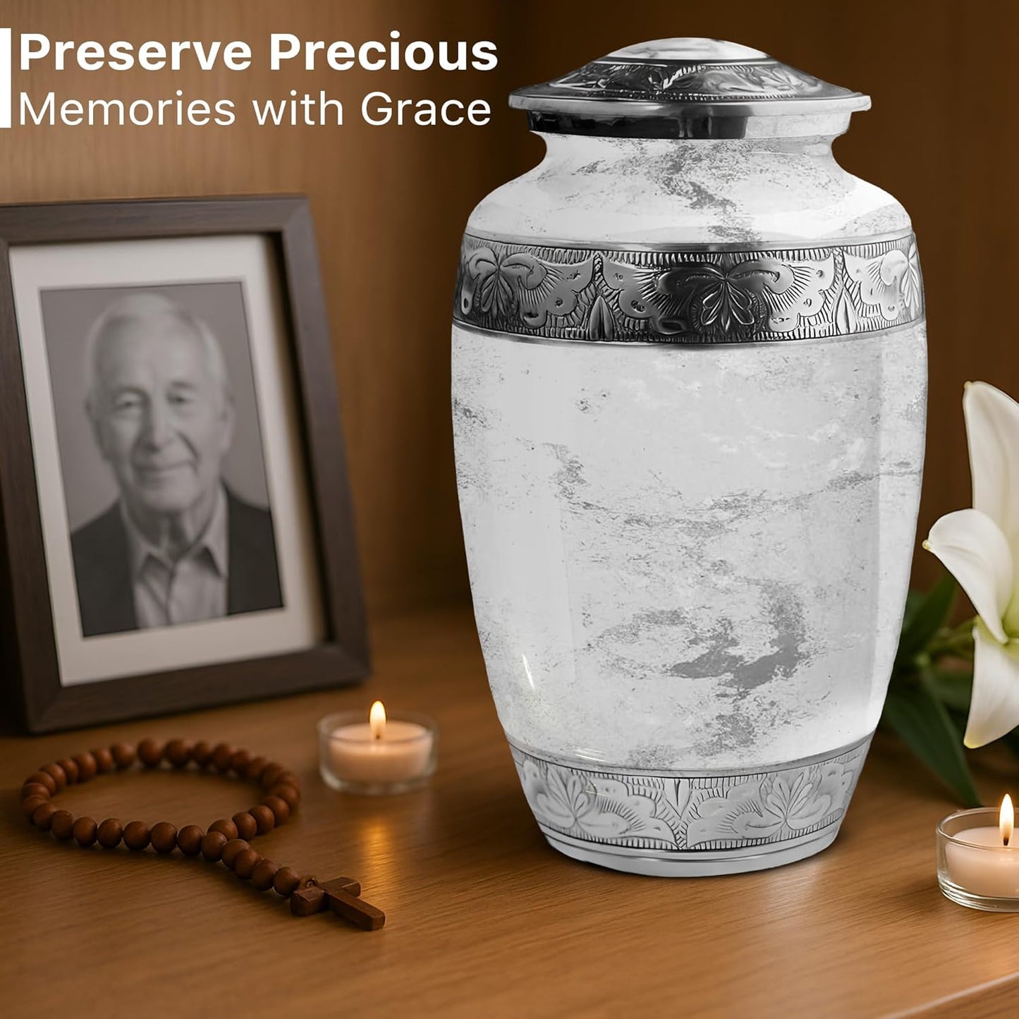 Family Tribute White Marble Cremation Urn for Ashes Set – Beautiful Large Funeral Urn for Adult (220lbs) with 4 Small Keepsake Urns & 2 Memorial Ash Necklaces to Honor Your Loved Ones with Elegance