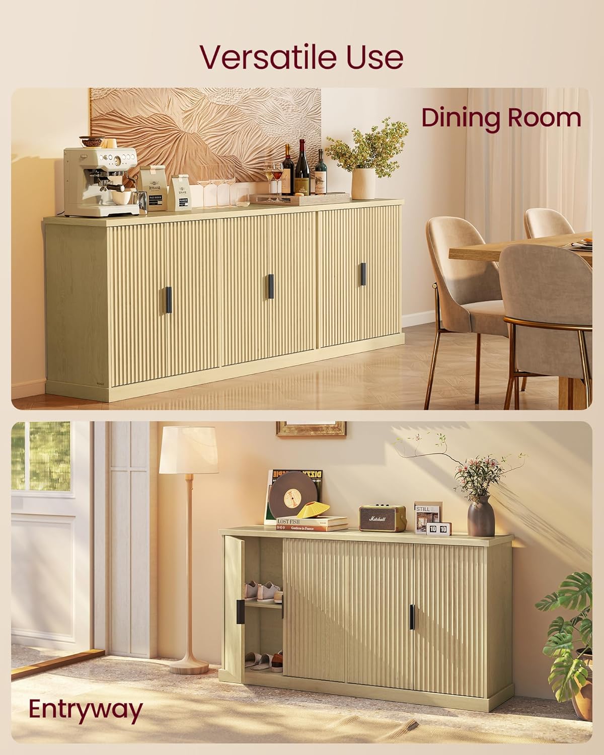 VASAGLE MAXE Collection - Transitional Buffet Cabinet, Console Cabinet, Sideboard with Adjustable Shelves, Fluted Doors, Buffet Table, Kitchen Pantry, Oak Beige UBBK382Y01S