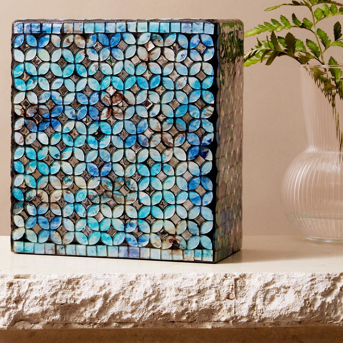 Mosaic Glass Cremation Urn - Hand Made Funeral Urn for Human Ashes - Large Adult Size Burial Urn - Hand Applied Individual Tiles Create a one of a Kind Work of Art - 200 cu in (Blue)