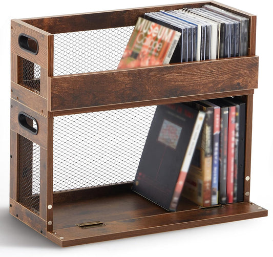 Jetec 2 Set Metal & Wooden DVD and CD Storage Box Retro Style Cassette Tape Display Stand Holder Rack with Carrying Handle, Organizer Shelf for Movie Cases, Can Store up to 36 CDs and 26 DVDs