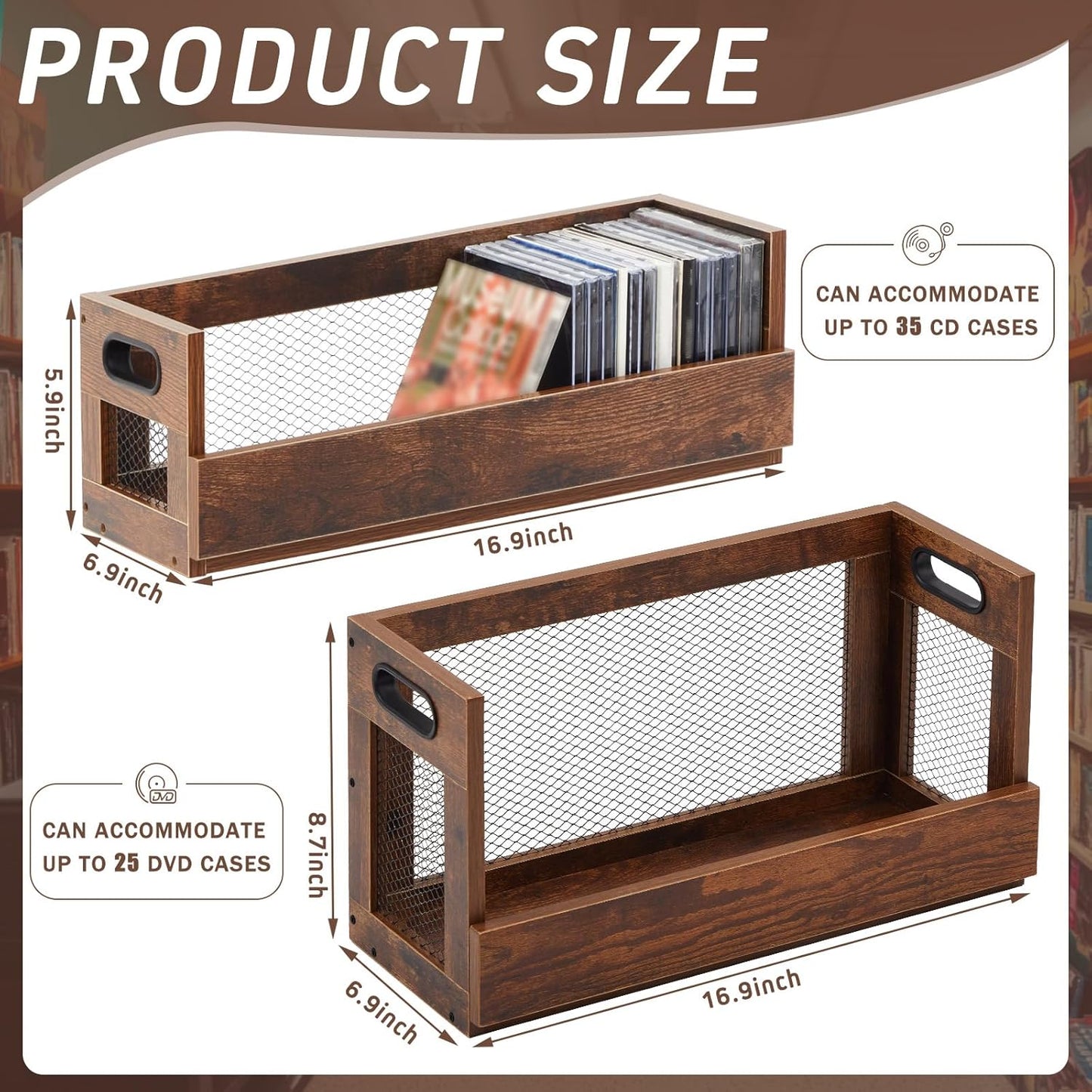 Jetec 2 Set Metal & Wooden DVD and CD Storage Box Retro Style Cassette Tape Display Stand Holder Rack with Carrying Handle, Organizer Shelf for Movie Cases, Can Store up to 36 CDs and 26 DVDs