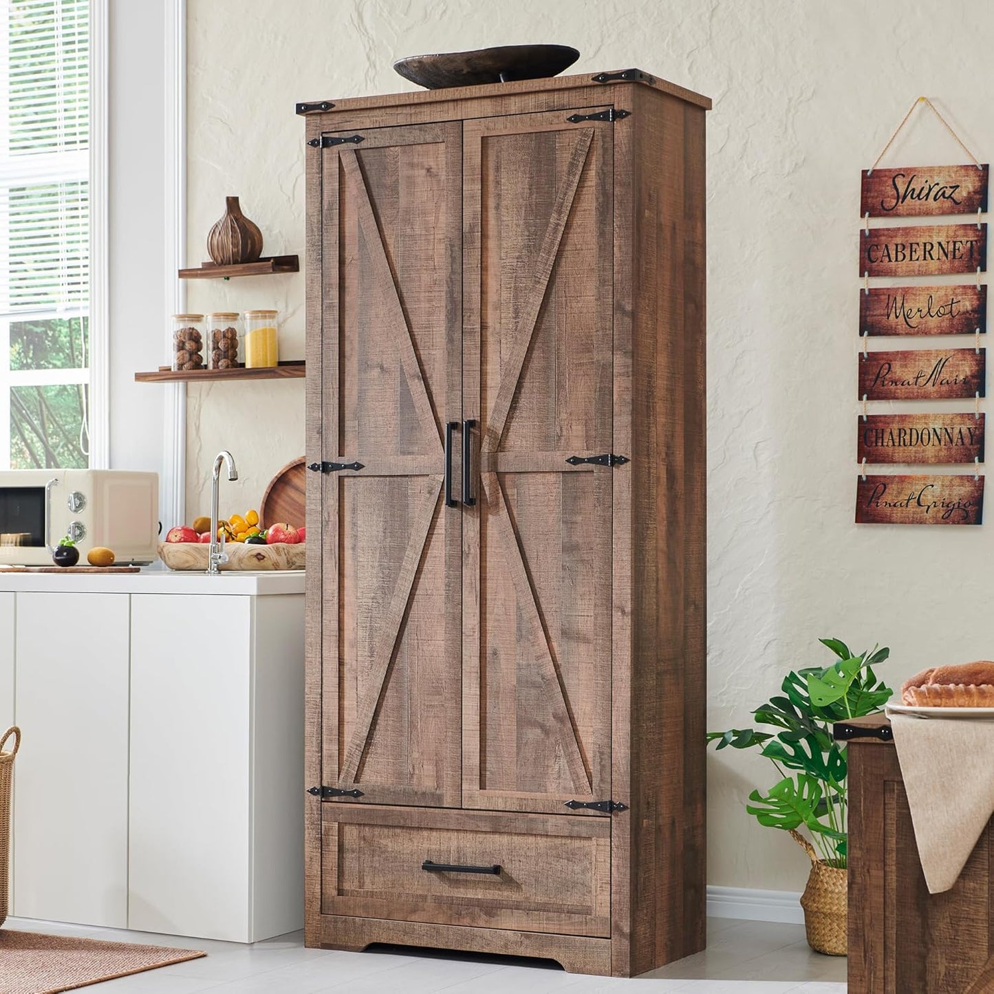 JXQTLINGMU Farmhouse Kitchen Pantry Cabinet - 72" Tall Wood Kitchen Storage Cabinets with Adjustable Shelves & 2 Barn Style Doors & Drawer, Versatile Storage for Dining Room, Bathroom, Antique White