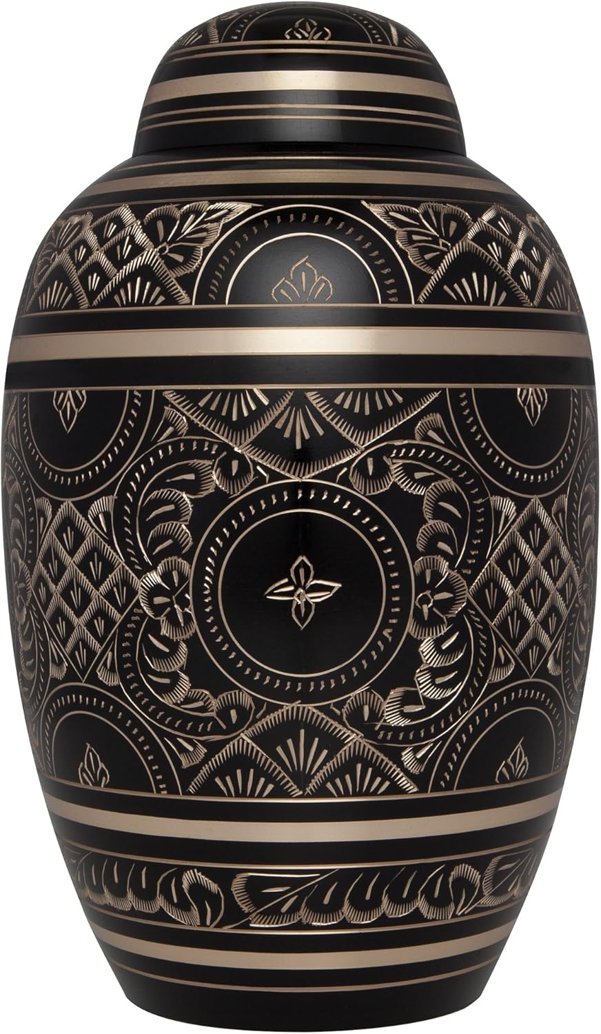 Black and Gold Funeral Cremation Urn for Human Ashes by Liliane - Hand Made in Brass - Suitable for Cemetery Burial or Niche - Large Size fits Remains of Adults up to 200 lbs - Serenita
