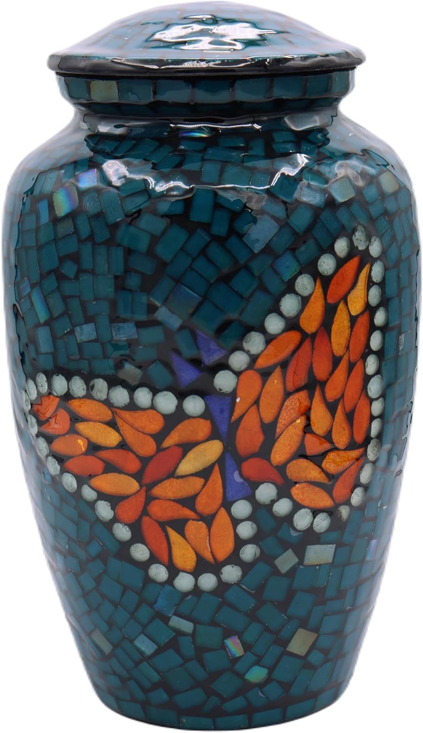Mosaic Glass Cremation Urn - Hand Made Funeral Urn for Human Ashes - Large Adult Size Burial Urn - Hand Applied Individual Tiles Create a one of a Kind Work of Art - 200 cu in (Blue)