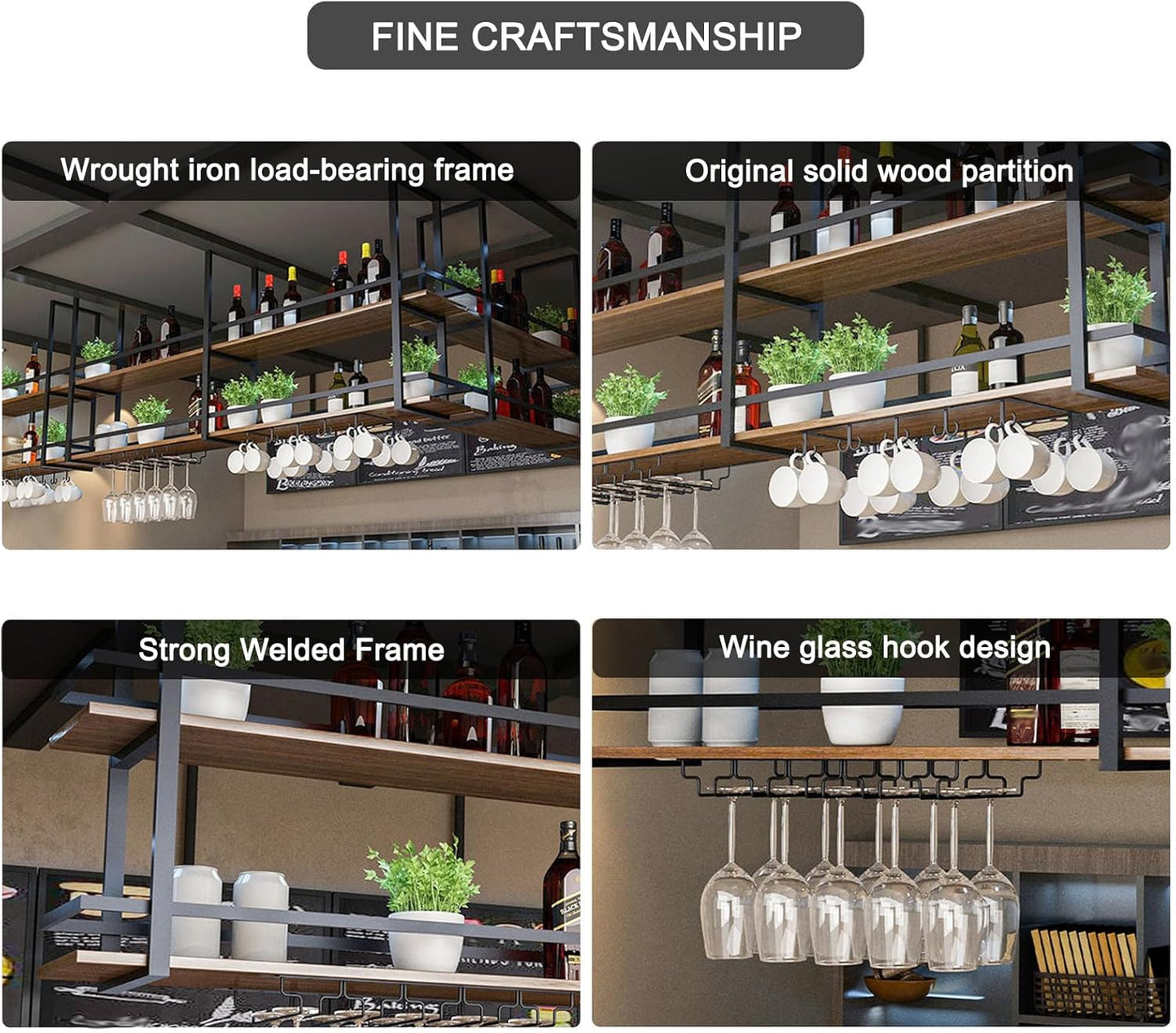 Ceiling Wine Glass Rack - 31.4in Hanging Wine Rack with Glass Holder and Shelf, 2 Layer Industrial Hanging Wine Bottle Holder, Black Metal Ceiling Shelf for Bar Cafe Kitchen (Black, 31.4×11.8×31.4in)