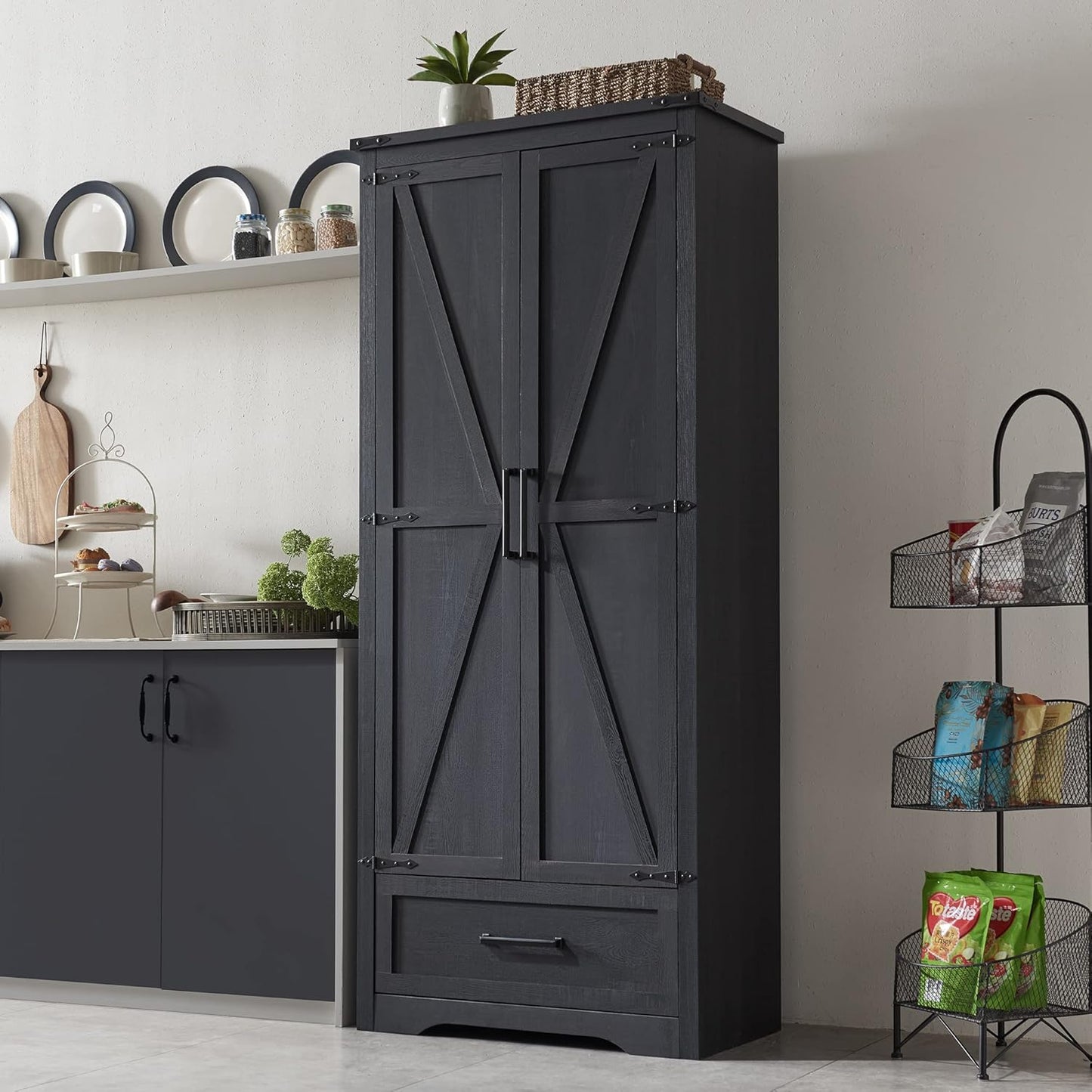 JXQTLINGMU Farmhouse Kitchen Pantry Cabinet - 72" Tall Wood Kitchen Storage Cabinets with Adjustable Shelves & 2 Barn Style Doors & Drawer, Versatile Storage for Dining Room, Bathroom, Antique White