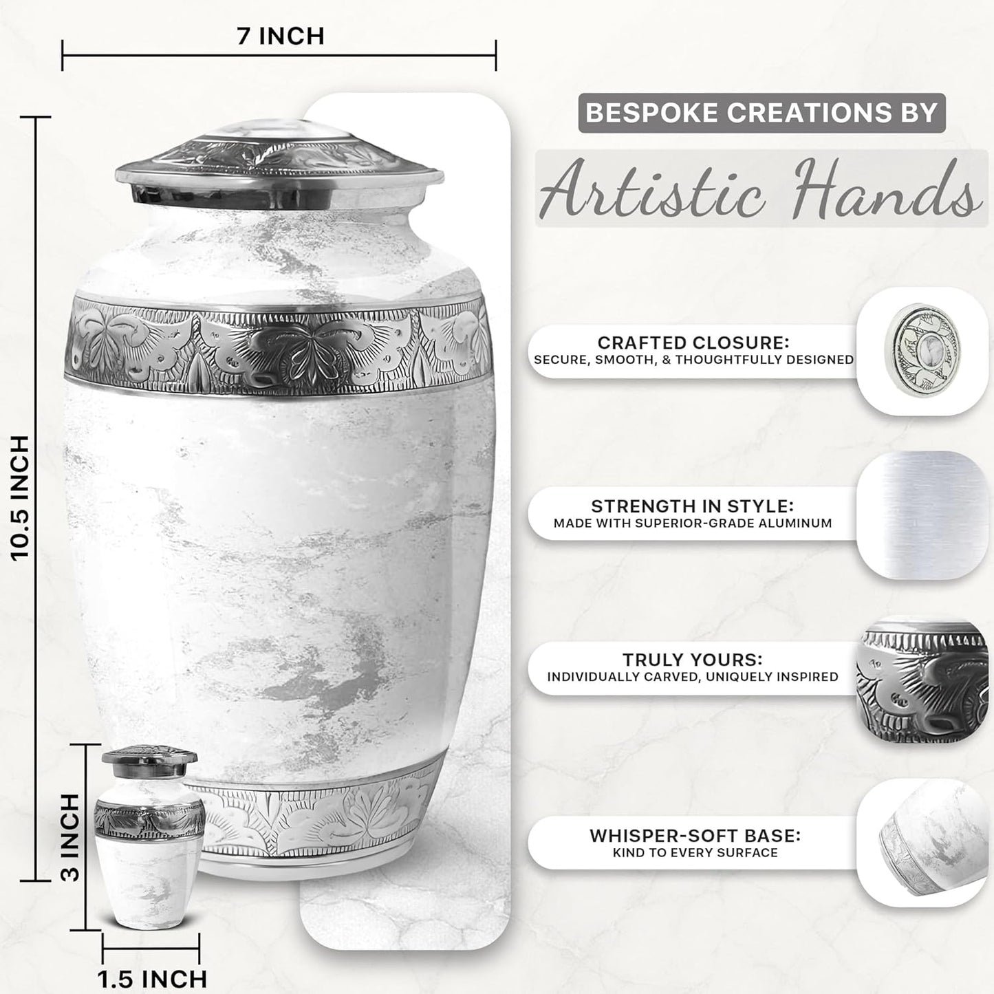 Family Tribute White Marble Cremation Urn for Ashes Set – Beautiful Large Funeral Urn for Adult (220lbs) with 4 Small Keepsake Urns & 2 Memorial Ash Necklaces to Honor Your Loved Ones with Elegance