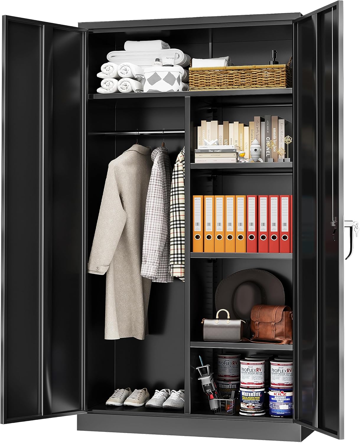Greenvelly Metal Storage Cabinet with Lock, 72” Black Garage Storage Cabinet with Doors and Shelves, Tall Lockable File &Tool Cabinet for Home Office, Metal Classroom Cabinet Basement