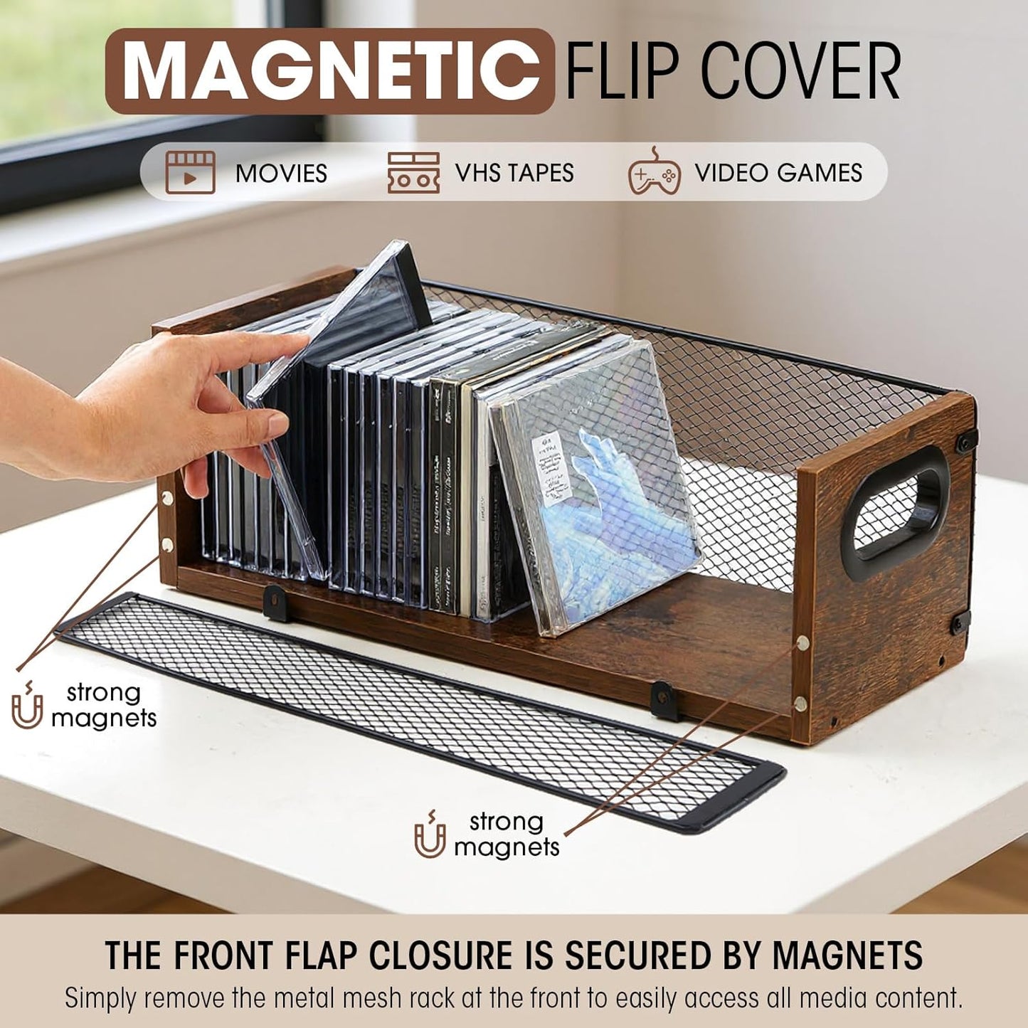 Geelin 2 Pcs Wooden Cd Storage Box Holder Racks Retro Cassette Tape Display Stand with Carrying Handles, Organizer Shelf for Movie Cases, Dvds, Cd Organizer Can Store up to 36 Pcs