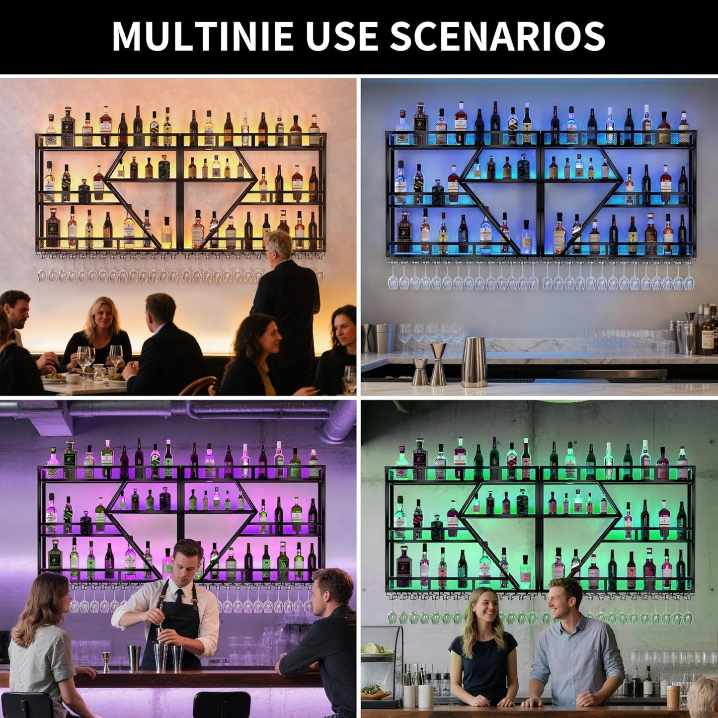 79 Inch Metal Wine Rack Wall Mounted with LED Light, Large Capacity Hanging Wine Bottles Display Shelf with Glasses Holder, for Home Bar Kitchen, Living Room
