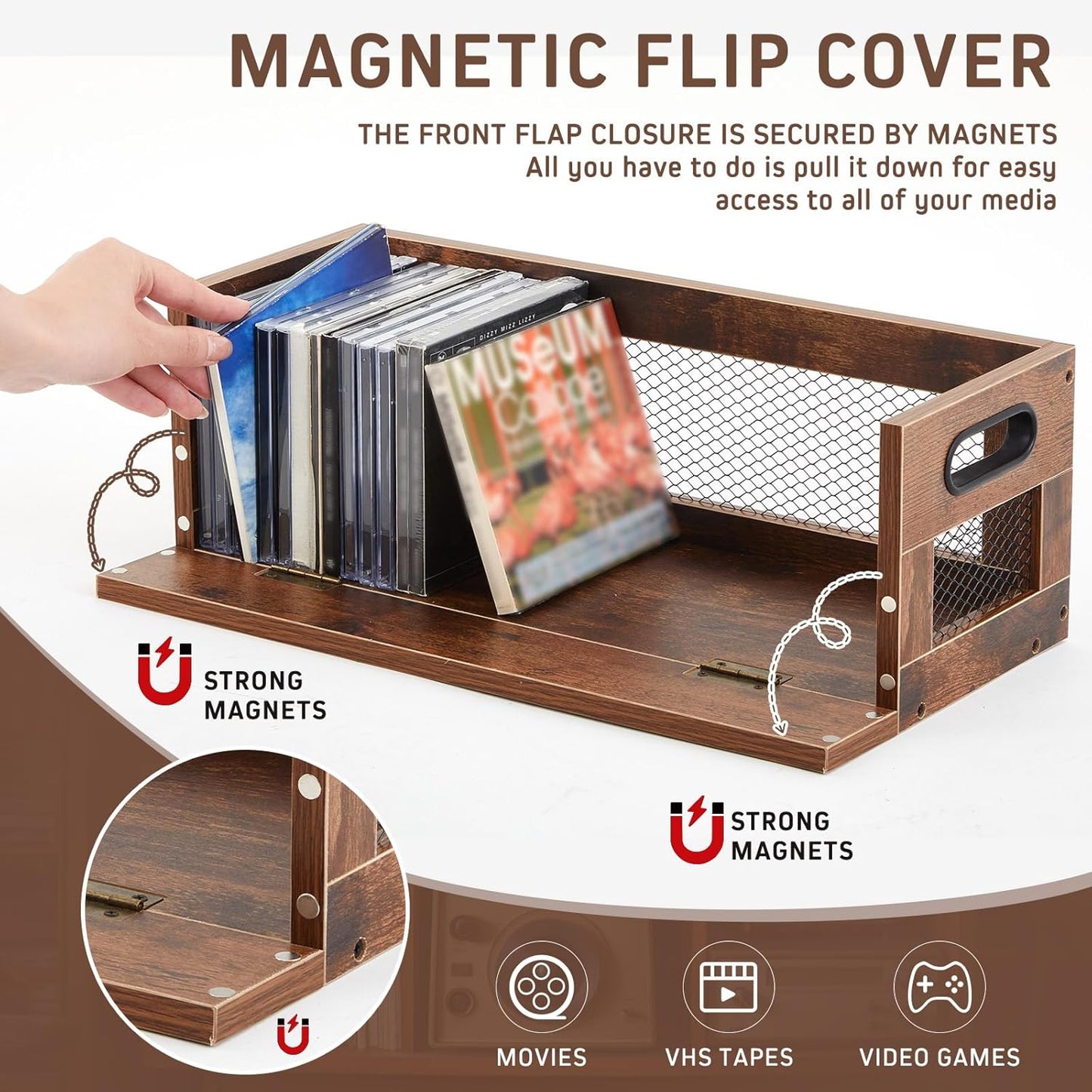 Jetec 2 Set Metal & Wooden DVD and CD Storage Box Retro Style Cassette Tape Display Stand Holder Rack with Carrying Handle, Organizer Shelf for Movie Cases, Can Store up to 36 CDs and 26 DVDs