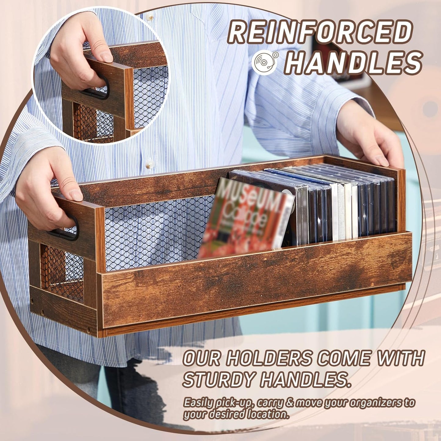 Jetec 2 Set Metal & Wooden DVD and CD Storage Box Retro Style Cassette Tape Display Stand Holder Rack with Carrying Handle, Organizer Shelf for Movie Cases, Can Store up to 36 CDs and 26 DVDs