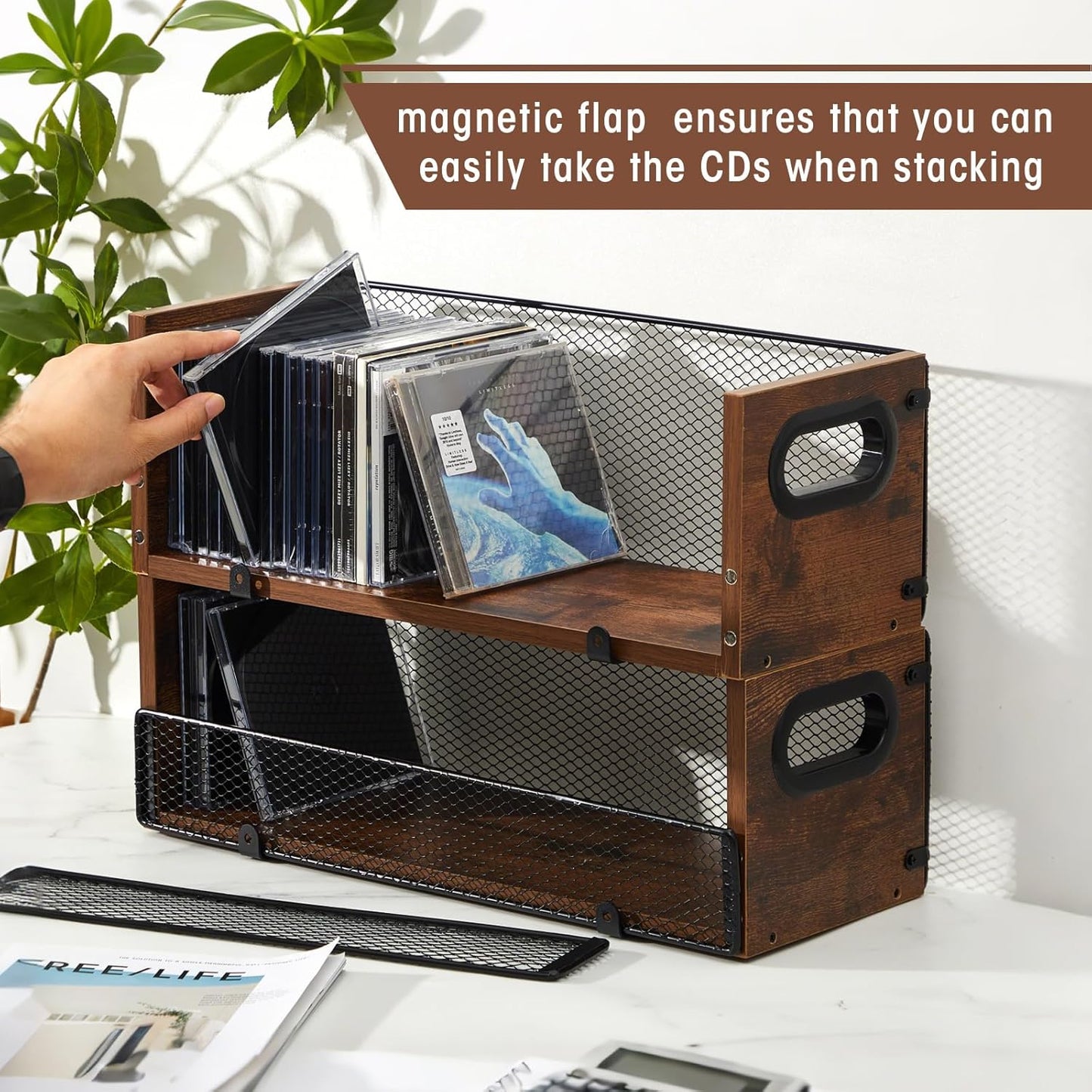 Geelin 2 Pcs Wooden Cd Storage Box Holder Racks Retro Cassette Tape Display Stand with Carrying Handles, Organizer Shelf for Movie Cases, Dvds, Cd Organizer Can Store up to 36 Pcs
