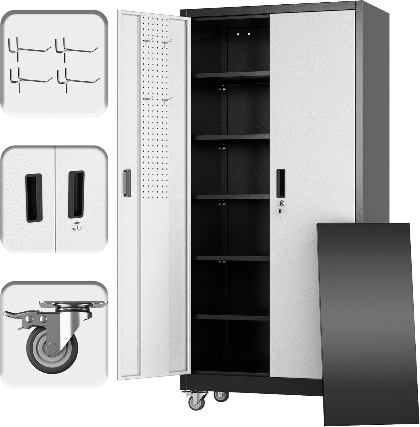 Broom Closet Storage Cabinet with Hanging Rod, 71" H Metal Garage Storage Cabinet with Wheels and 4 Adjustable Shelves, Locking Broom Closet with 13 Hooks for Garage, Bathroom, Home