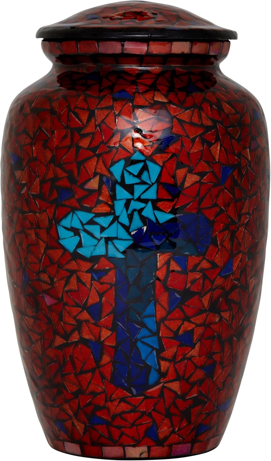 Mosaic Glass Cremation Urn - Hand Made Funeral Urn for Human Ashes - Large Adult Size Burial Urn - Hand Applied Individual Tiles Create a one of a Kind Work of Art - 200 cu in (Blue)