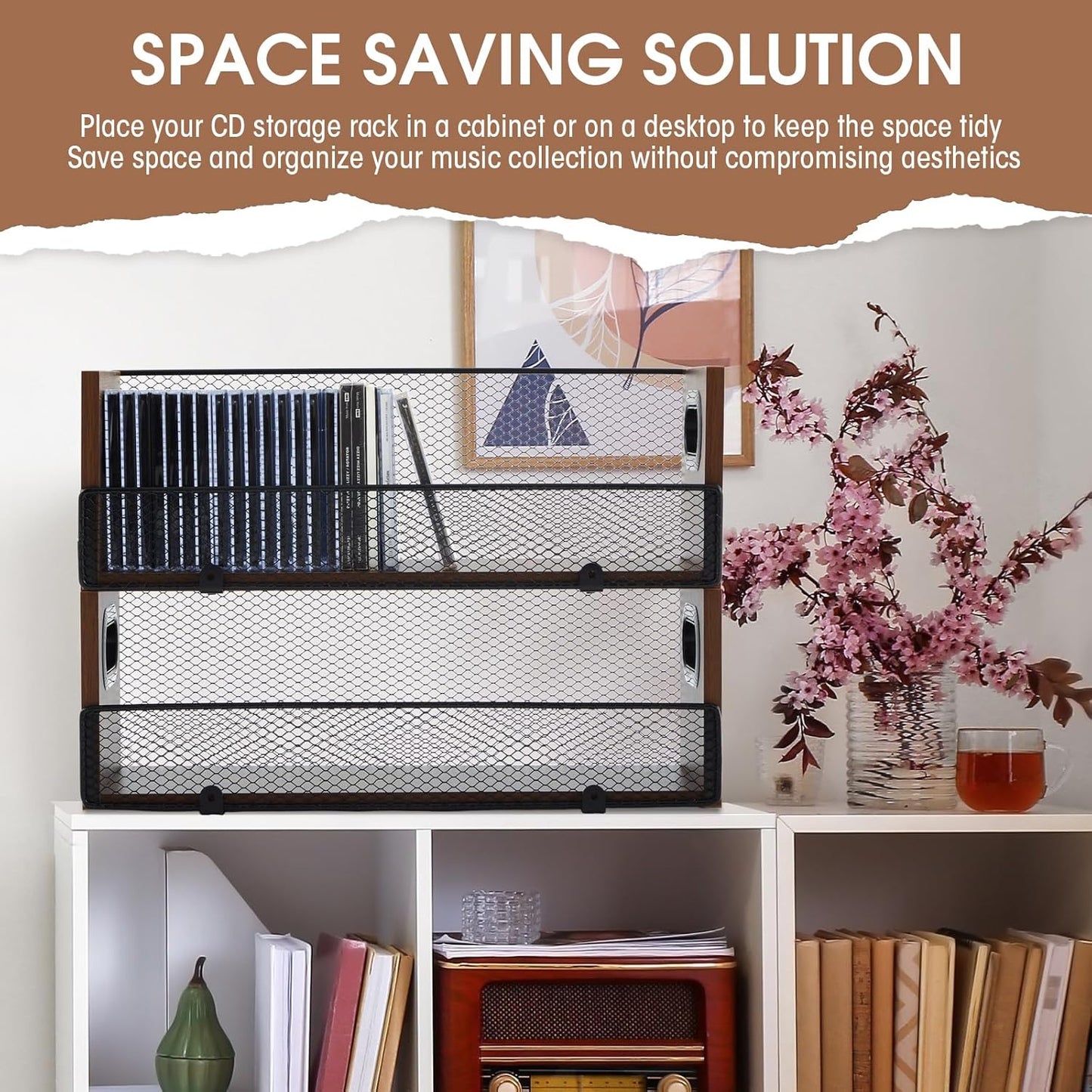 Geelin 2 Pcs Wooden Cd Storage Box Holder Racks Retro Cassette Tape Display Stand with Carrying Handles, Organizer Shelf for Movie Cases, Dvds, Cd Organizer Can Store up to 36 Pcs