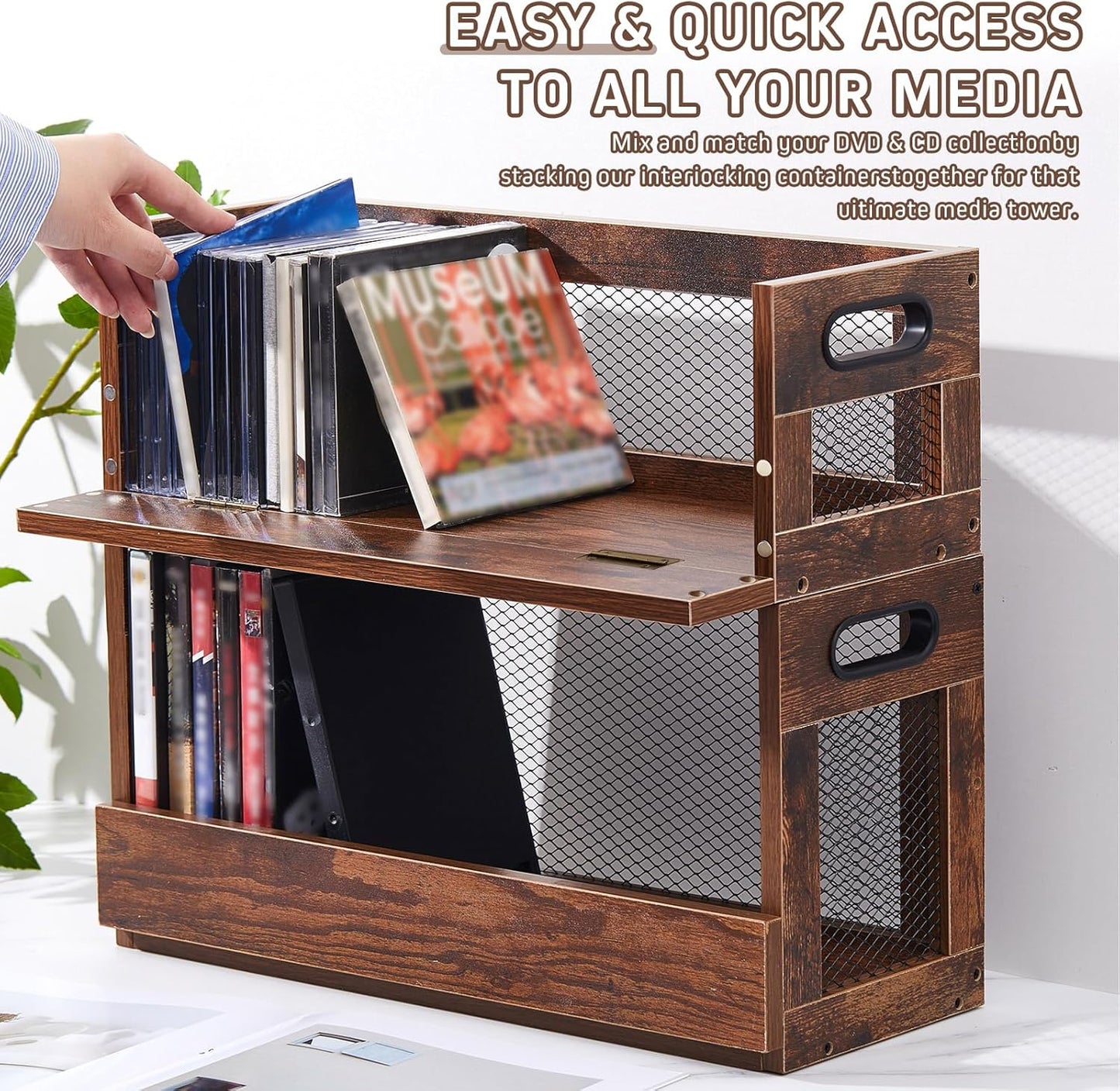 Jetec 2 Set Metal & Wooden DVD and CD Storage Box Retro Style Cassette Tape Display Stand Holder Rack with Carrying Handle, Organizer Shelf for Movie Cases, Can Store up to 36 CDs and 26 DVDs
