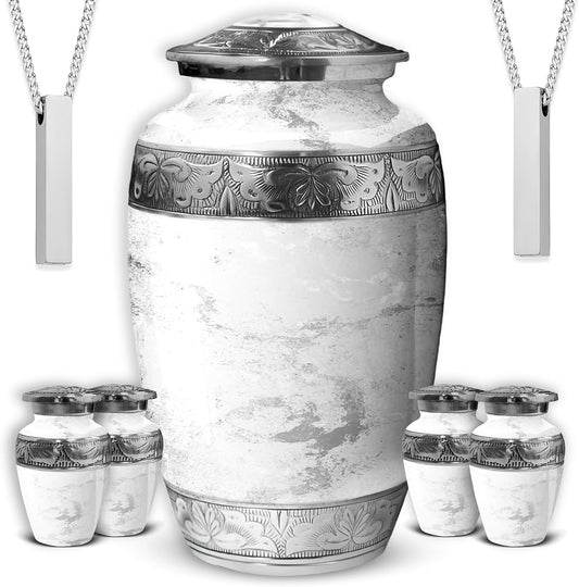 Family Tribute White Marble Cremation Urn for Ashes Set – Beautiful Large Funeral Urn for Adult (220lbs) with 4 Small Keepsake Urns & 2 Memorial Ash Necklaces to Honor Your Loved Ones with Elegance