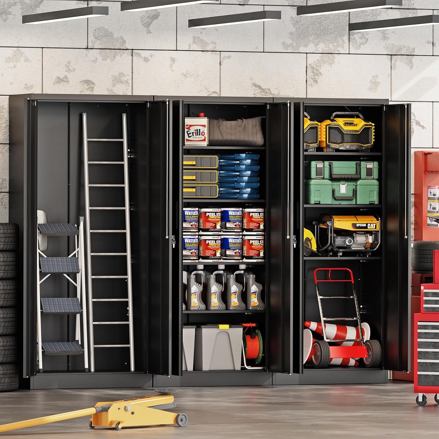 72" Metal Storage Cabinet with Doors and Shelves, Tall Garage Cabinets Lockable File Cabinet, Heavy-Duty Locker Cabinet Tool Cabinets for Garage, Office, Home, Kitchen (Black)