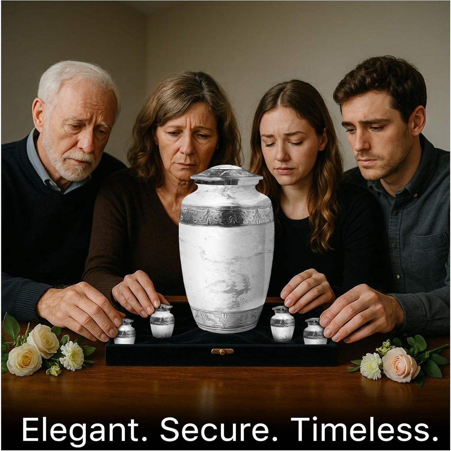 Family Tribute White Marble Cremation Urn for Ashes Set – Beautiful Large Funeral Urn for Adult (220lbs) with 4 Small Keepsake Urns & 2 Memorial Ash Necklaces to Honor Your Loved Ones with Elegance