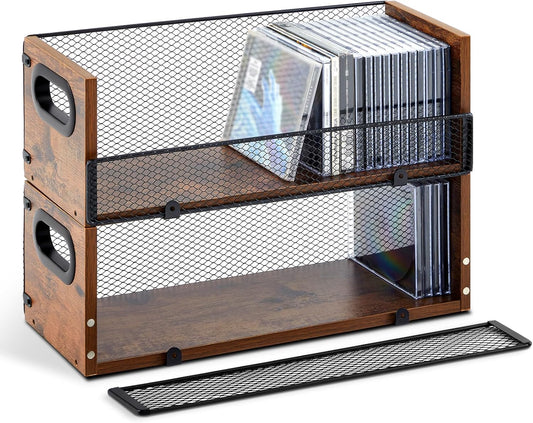 Geelin 2 Pcs Wooden Cd Storage Box Holder Racks Retro Cassette Tape Display Stand with Carrying Handles, Organizer Shelf for Movie Cases, Dvds, Cd Organizer Can Store up to 36 Pcs