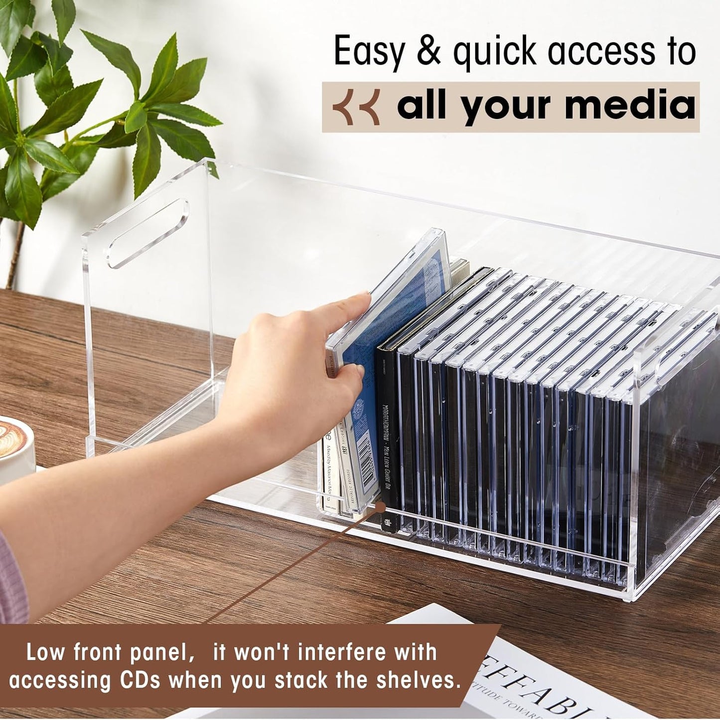 2 Pcs Acrylic Cd Storage Box, Clear Acrylic Stackable Cd Holder Racks with Cutout Carrying Handles, Organizer Shelf for Media, Movie Cases, Dvds Organizer