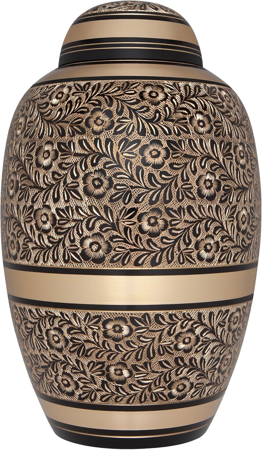 Black and Gold Funeral Cremation Urn for Human Ashes by Liliane - Hand Made in Brass - Suitable for Cemetery Burial or Niche - Large Size fits Remains of Adults up to 200 lbs - Serenita