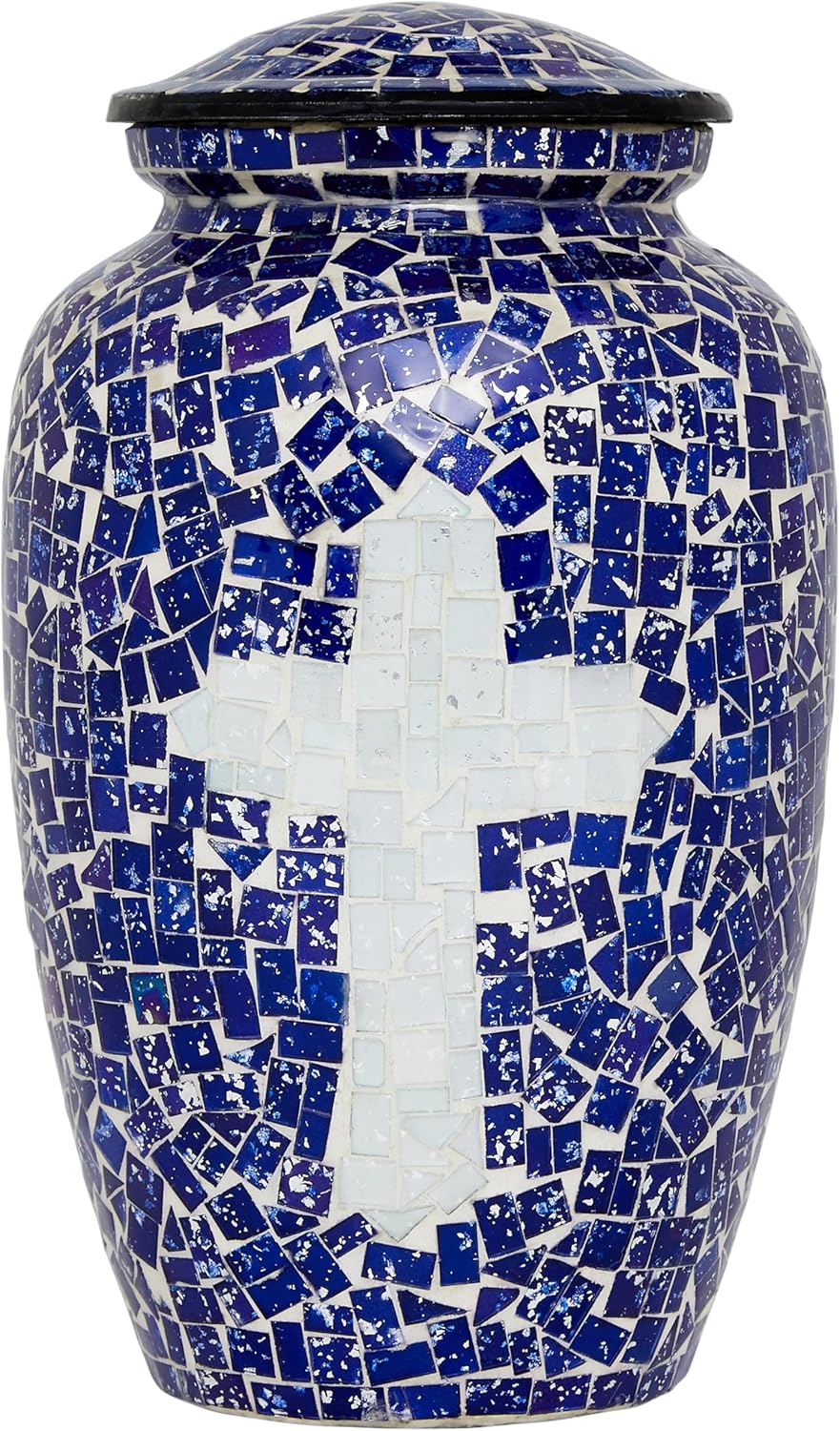 Mosaic Glass Cremation Urn - Hand Made Funeral Urn for Human Ashes - Large Adult Size Burial Urn - Hand Applied Individual Tiles Create a one of a Kind Work of Art - 200 cu in (Blue)