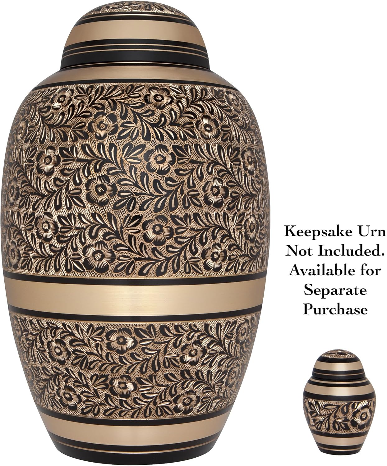 Black and Gold Funeral Cremation Urn for Human Ashes by Liliane - Hand Made in Brass - Suitable for Cemetery Burial or Niche - Large Size fits Remains of Adults up to 200 lbs - Serenita