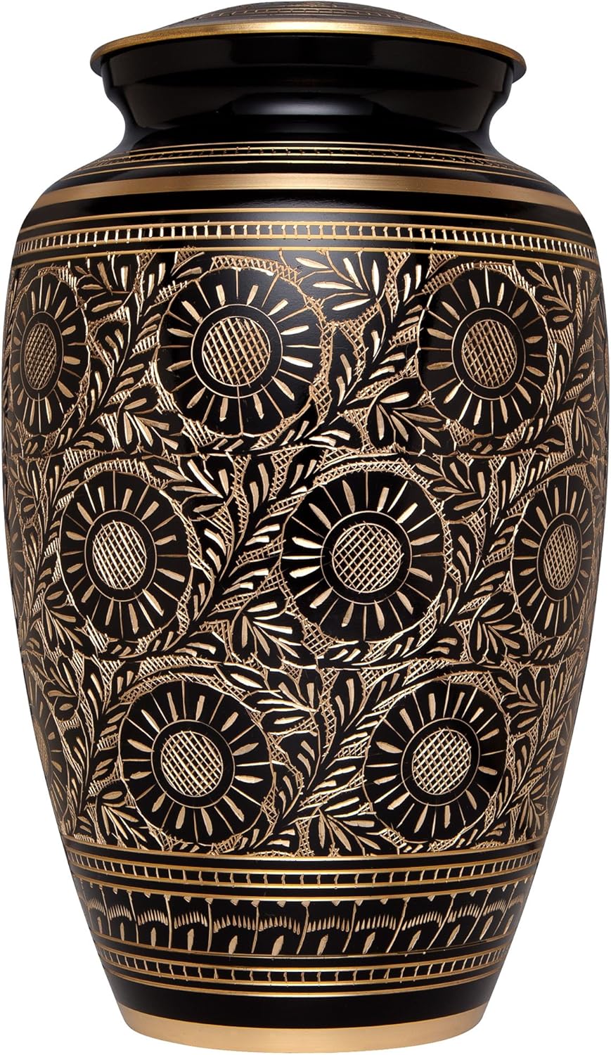 Black and Gold Funeral Cremation Urn for Human Ashes by Liliane - Hand Made in Brass - Suitable for Cemetery Burial or Niche - Large Size fits Remains of Adults up to 200 lbs - Serenita