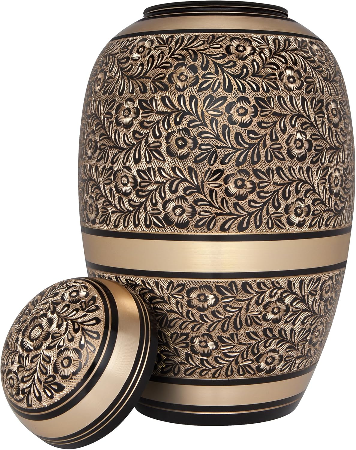 Black and Gold Funeral Cremation Urn for Human Ashes by Liliane - Hand Made in Brass - Suitable for Cemetery Burial or Niche - Large Size fits Remains of Adults up to 200 lbs - Serenita