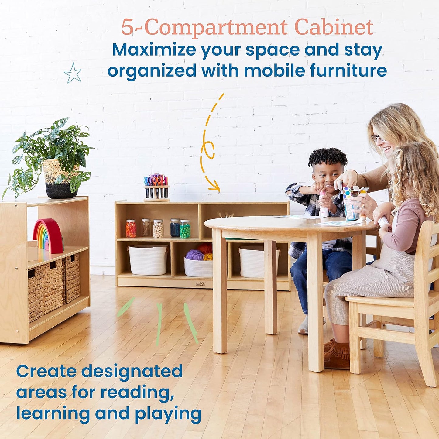 ECR4Kids 5-Compartment Mobile Storage Cabinet, 24in, Classroom Furniture, Natural