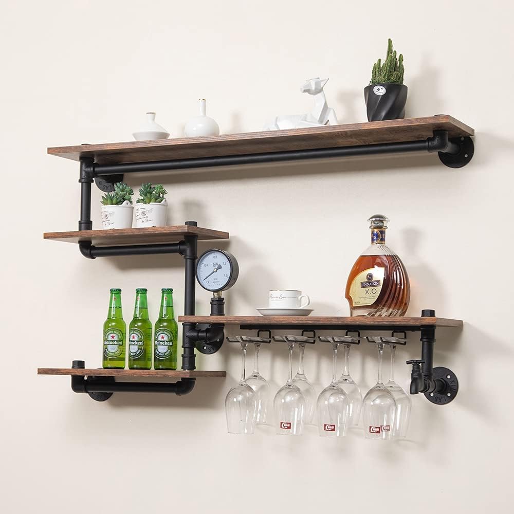 Rustic Wine Rack Wall Mounted with Glass Holder, Adjustable Hanging Bar Wine Glass Rack Ceiling, 47.2in Bottle Holder Wine Shelf Shelves, Perfect for Bar Kitche