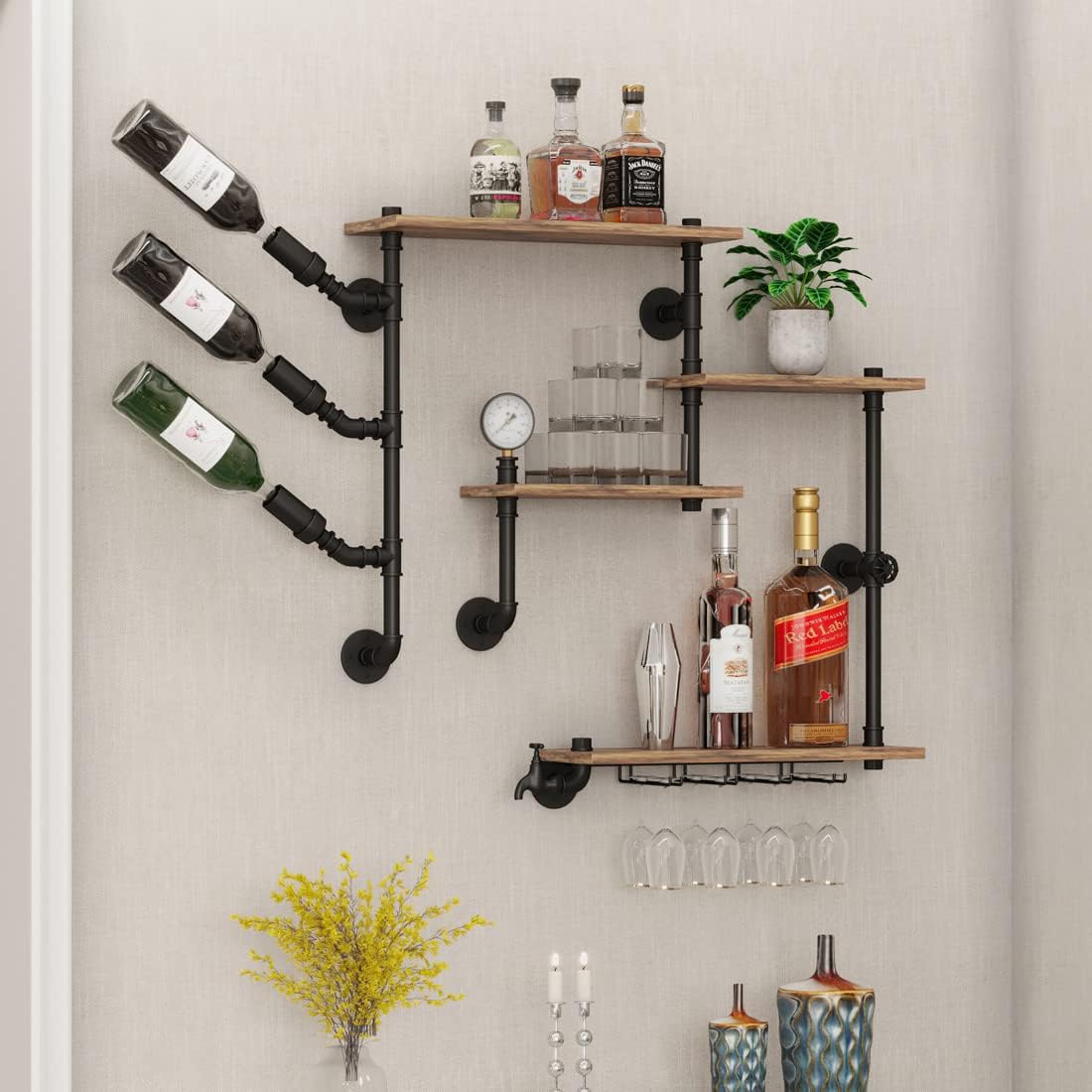 Rustic Wine Rack Wall Mounted with Glass Holder, Adjustable Hanging Bar Wine Glass Rack Ceiling, 47.2in Bottle Holder Wine Shelf Shelves, Perfect for Bar Kitche