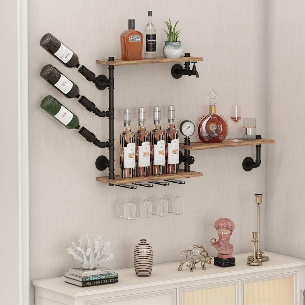 Rustic Wine Rack Wall Mounted with Glass Holder, Adjustable Hanging Bar Wine Glass Rack Ceiling, 47.2in Bottle Holder Wine Shelf Shelves, Perfect for Bar Kitche