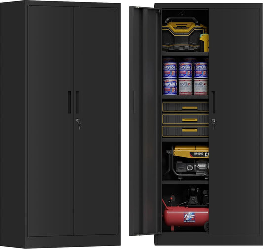 72" Metal Storage Cabinet with Doors and Shelves, Tall Garage Cabinets Lockable File Cabinet, Heavy-Duty Locker Cabinet Tool Cabinets for Garage, Office, Home, Kitchen (Black)