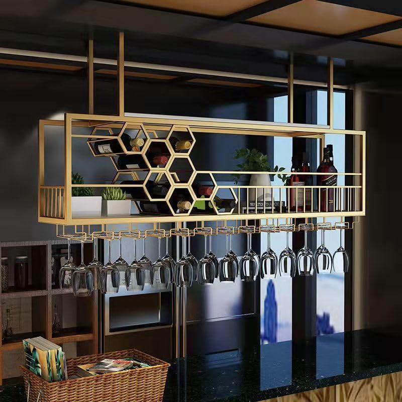 Metal Hanging Wine Rack, Ceiling Bar Wine Glass Rack with Glass Holder and Shelf, 2 Layer Multi Functionl Wine Bottle Holder Organizer, for Bar Cafe Kitchen (Gold, 39.37in/100cm)