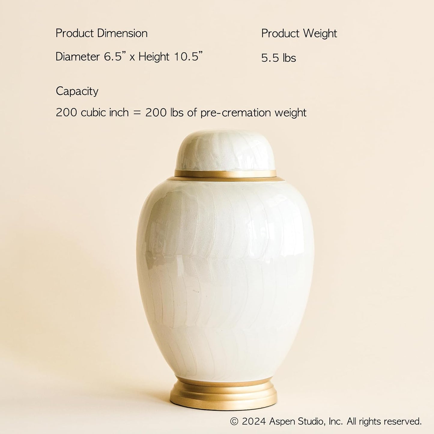 AspenStudio White Pearl Cremation Urn in Oval Shape for Human Cremation Ashes Handcrafted Funeral Memorial Urn