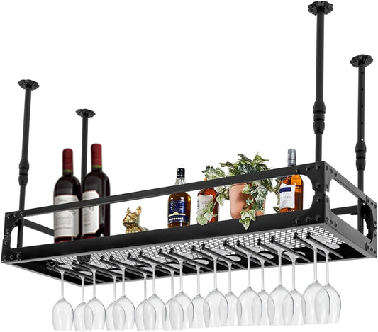 Ceiling Wine Glass Rack,40in Hanging Wine Rack With Mesh Shelf,Industrial Hanging Wine Bottle Holder,Height Adjustable Black Metal Ceiling Shelf For Bar Cafe Kitchen 40.55×14.96×7.09in, Black