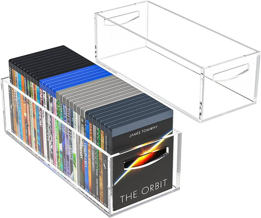 AITEE 2 Pack DVD/CD Storage Box, Acrylic Storage Container for Blu-Rays, Small Books/Booklets, Video Game Cases and Video Game Controllers, Storage Organizer for Countertop/Kitchen/Bathroom/Cabinet