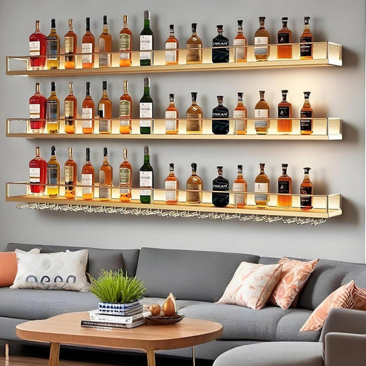 71in Wall-Mounted Metal Wine Rack with LED Lights 3-Tier Floating Bar Shelves with Wine Glass Rack Large Wine Bottle Display Rack Hanging Shelf, for Home Bar Dining Room Decorative (Gold, 180cm/71in)