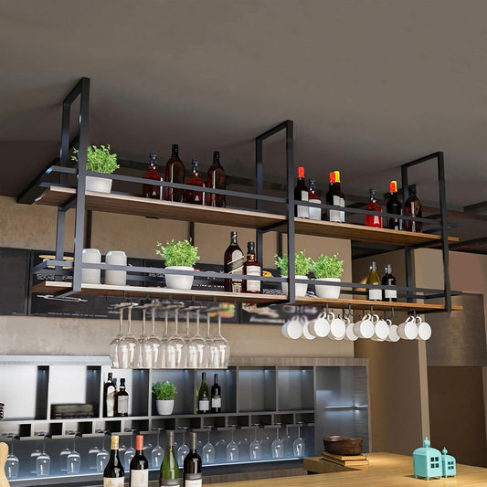 Ceiling Wine Glass Rack - 31.4in Hanging Wine Rack with Glass Holder and Shelf, 2 Layer Industrial Hanging Wine Bottle Holder, Black Metal Ceiling Shelf for Bar Cafe Kitchen (Black, 31.4×11.8×31.4in)